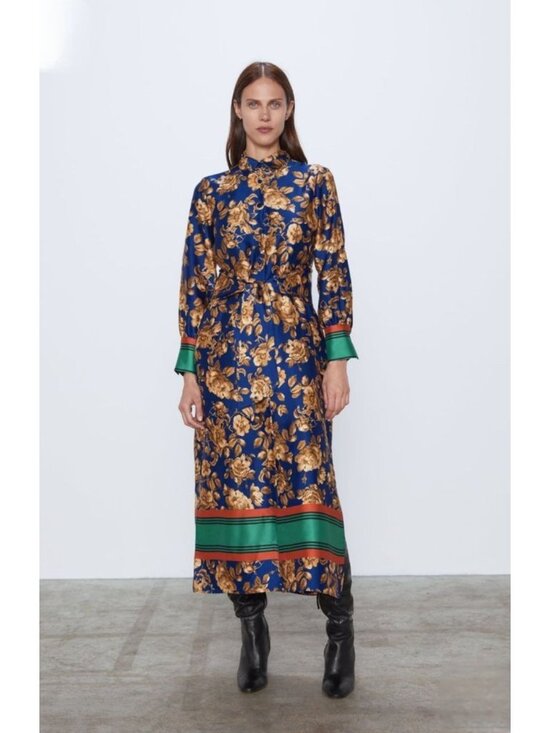 Zara Dresses & Skirts - Zara Floral Maxi Shirt Long Sleeve Belted Button Front Boho Scarf Dress. Size XS